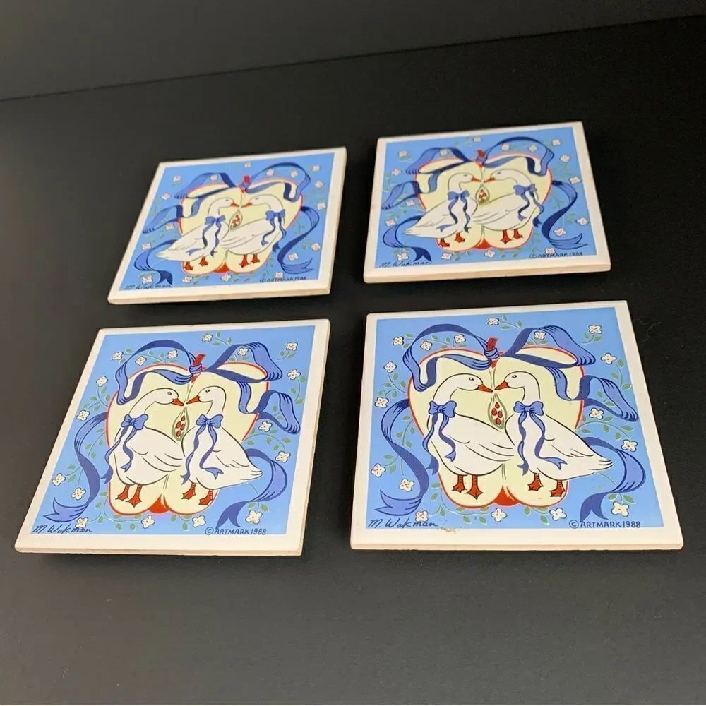 VTG M Wokman Blue Bow Geese Trivet Tiles Set of 4